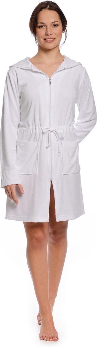 Rits badjas dames kort – met capuchon – lichtgewicht – dun – sauna - dames badjas met ritssluiting - wit - maat M