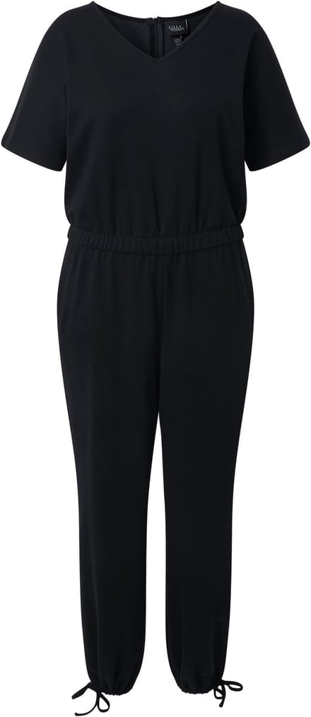 Ulla Popken - Dames - Jumpsuit V-hals elastische taille korte vleermuismouwen - Zwart - Maat 54