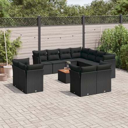 vidaXL - 12-delige - Loungeset - met - kussens - poly - rattan - zwart
