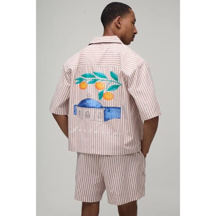Gestreepte Oversized Korte Mouw Santorini Revere Shirt & Baggy Short Set | Taupe | Size Medium