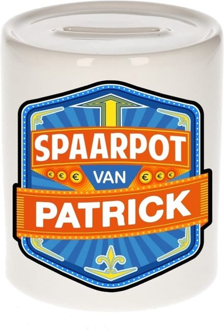 Bellatio Decorations Kinder spaarpot met naam - Patrick - keramiek - met dop - wit - Sparen - Spaargeld van Patrick