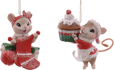 Viv! Christmas Kerstornament - Breiende & Bakkende Muis - set van 2 - rood - 9cm