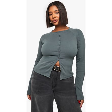 boohoo Dames Plus Button-Down Top met knoopsluiting en lange mouwen | Kaki | Maat: 44