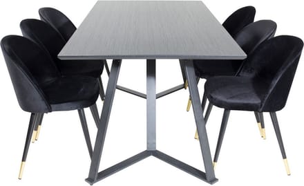 MarinaBLBL eethoek eetkamertafel zwart en 6 Velvet eetkamerstal velours zwart, messing decor.