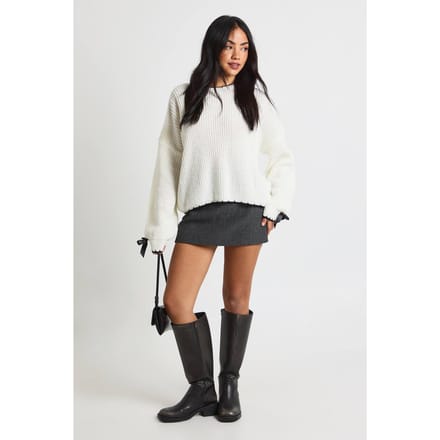 boohoo Dames Gebreide trui met strikmanchetdetail | Creme | Maat: Large