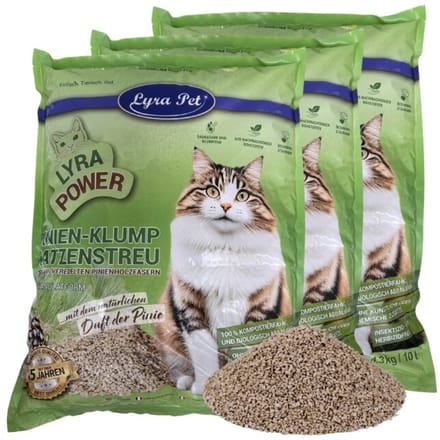 3 x 10 liter Lyra Pet® Lyra Power Pine kattenbakvulling klonterend