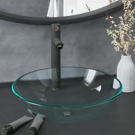 vidaXL - Wastafel - met - kraan - en - pop-up - afvoer - gehard - glas - transparant