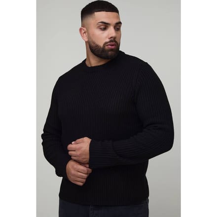 Plus Basic Regular Fit Geribde Gebreide Trui | Black | Size 2XL