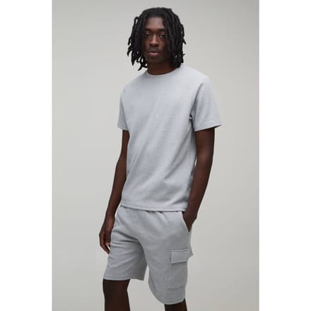 Slim Waffle T-Shirt & Cargo Short Set | Light Grey | Size Medium