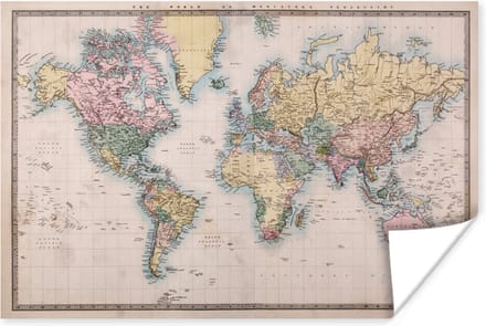 Wanddecoratie - Wereldkaart - Retro - Kleuren - 90x60 cm - Poster