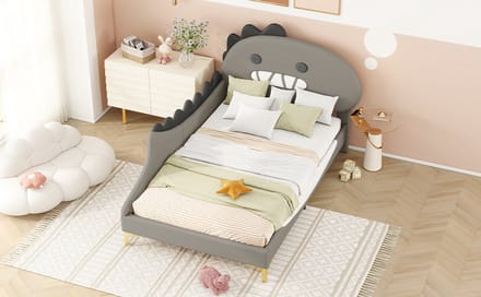 Kinderbed Dinosaurus - 90x200 cm Grijs - Pu En Mdf Met Dinosaurus Hoofdbord - Plat Bed