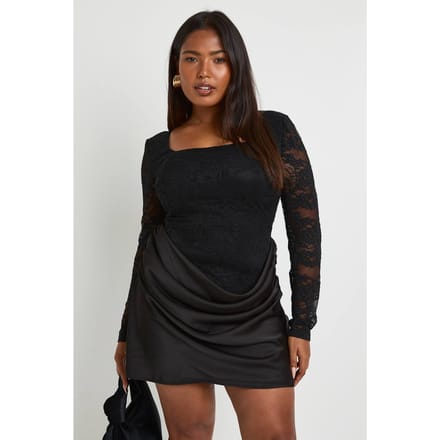 boohoo Dames Plus kantcorset met lange mouwen drape minijurk | Zwart | Maat: 48