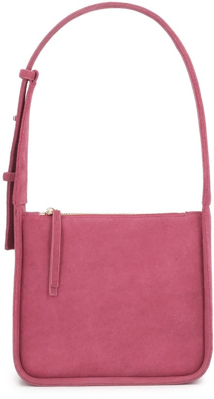 Pink suede handbag on wide belts