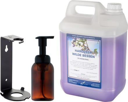Zeepdispenser 300 ml amber bruin hervulbaar + 5 liter Handzeep Wilde Bessen navulling (inclusief beugel)