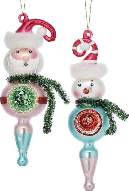 Viv! Christmas Kerstornament - Kerstman en Sneeuwpop Vintage Glas Reflector - set van 2 - glas - blauw roze - 17cm
