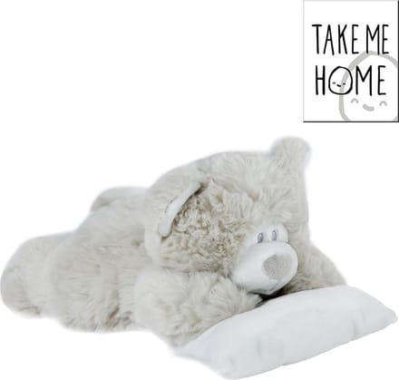 Take Me Home Pluche Beer Liggend Met Kussen 25 cm Grijs