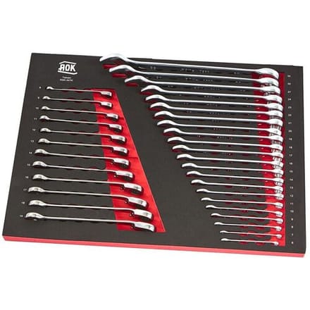 AOK Professionele 34-delige ring-, ratel- en steeksleutelset met foam inlay