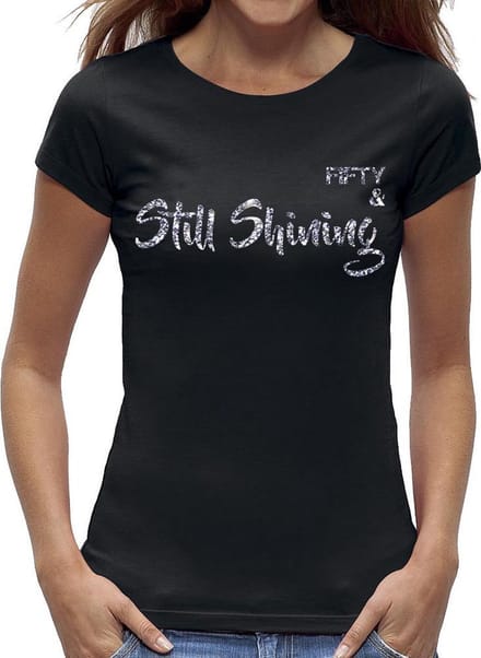 Sarah 50 jaar t-shirt Still Shining / kado tip / dames maat M / verjaardags cadeau