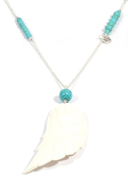 Heaven Eleven dames Ketting zilverkleurige plating - turkoois kralen - wit hertegewei vleugel