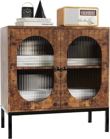Modern Dressoir met Rotan en Gebogen Glasdeur - Luxe Buffetkast met Extra Dik Bovenblad (30 mm) - Multifunctionele Opbergkast - 80 x 40 x 83 cm
