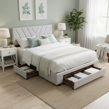 Gestoffeerd Bed - Linnen Bed - Opbergen - 3 Lades - 140x200 cm - Beige