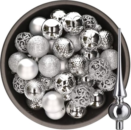 Decoris Kerstballen - 37x stuks - 6 cm kunststof - met glazen piek glans - zilver