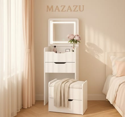 MAZAZU Kaptafel met Spiegel en Verlichting - Make-up Tafel met LED - Krukje - Wit - 120 cm