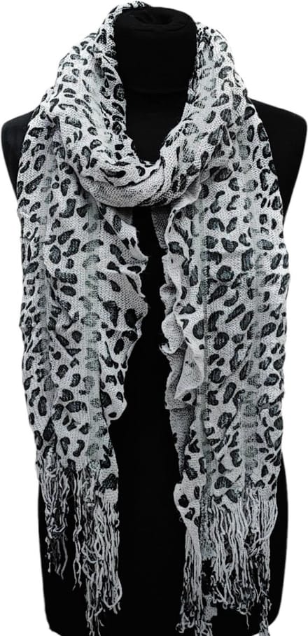 Lange Gebreide Sjaal - Panterprint - Grijs/Zwart - 220 x 40 cm (351)
