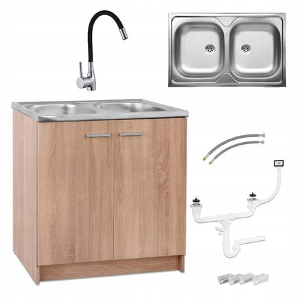 STAMAR - Keukenonderkast 80 cm met 2-baks RVS spoelbak, zwarte keukenkraan en sifon - sonoma eiken