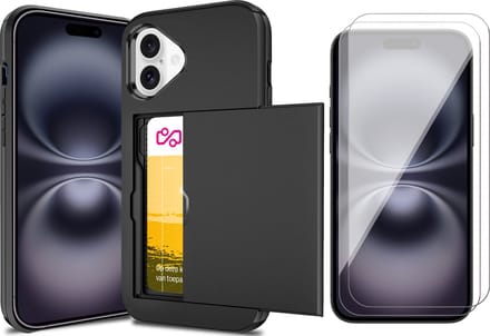 Hoesje met Pasjeshouder geschikt voor iPhone 16 Plus - 2x Screen Protector GlassGuard - Back Cover SlideCase Zwart & Screenprotector