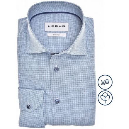 Ledub modern fit overhemd - popeline - middenblauw dessin - Strijkvriendelijk - Boordmaat: 46