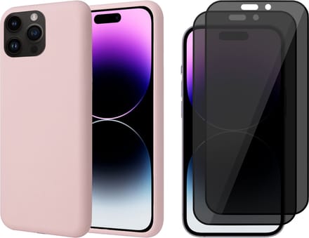 Hoesje geschikt voor iPhone 14 Pro - 2x Privacy Screen Protector FullGuard - Back Cover Case SoftTouch Roze & Screenprotector