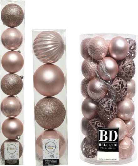 Decoris Kerstballen set kunststof lichtroze 6-8-10 cm - 59 stuks - mat en glans - mix formaten