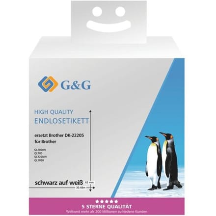 Eindeloze etiketten compatibel met Brother DK-22205, 62mm x 30,48m, papier wit, zelfklevend, permanent.