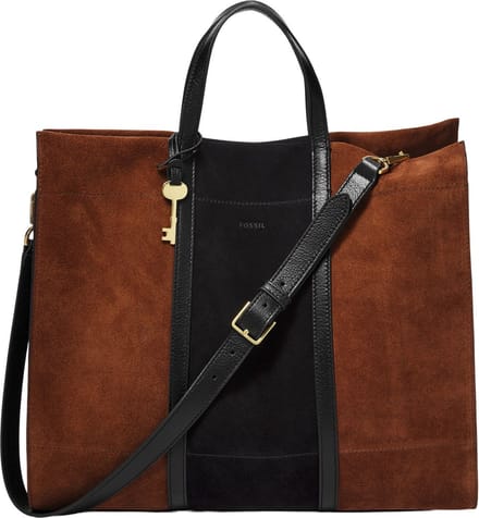 FOSSIL Leren Shopper Schoudertas Carmen Tote Brown / Black Bruine Zwart