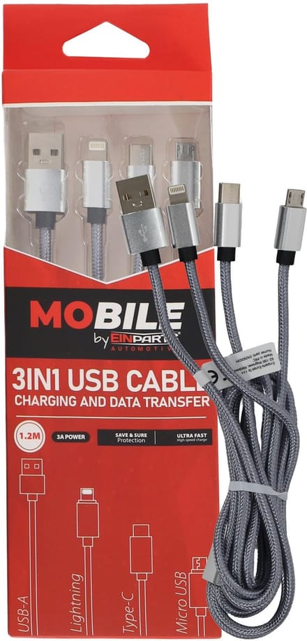 Einparts 3-In-1 Kabel 12M 3A Voor Usb-C, Micro Usb En Lightning Met Nylon
