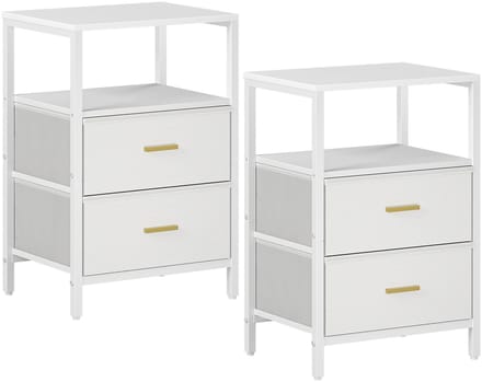 Set van 2 Nachtkastjes met Stoffen Lades en Open Opbergvak – Multifunctioneel – Wit