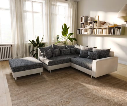 Hoekbank Clovis wit zwart met armleuning en hocker ottomane links Module-bank