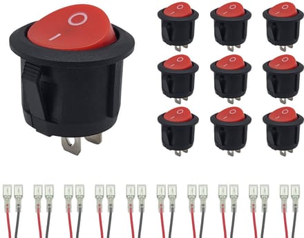 ProRide Wipschakelaar ON/OFF KCD2-202 - met Aansluitkabels - 2-pins - Rond ?20mm - 250V/6A - Rood - 10 stuks
