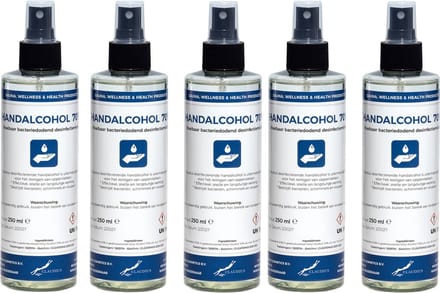 Handalcohol spray 70% - 250 ml met luxe zwarte verstuiver dop - set van 5 stuks
