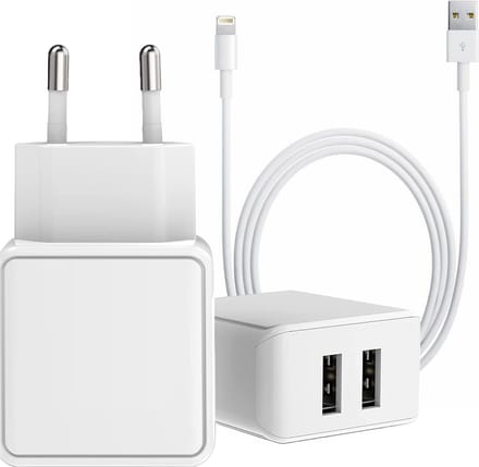 Oplaadstekker geschikt voor iPhone 14 / 13 / 12 / 11 / X / SE - Lightning naar usb - 2 Poorten - Oplader - 1 Meter