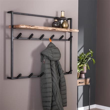 Industriële kapstok Naomi 12 haken acaciahout metaal