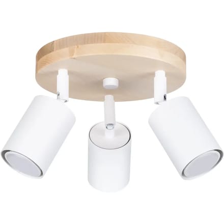 Plafondlamp VERDO 3P met 3 beweegbare spots op ronde basis - Sollux Lighting - IP20 - Wit/hout staal/hout behuizing - 33 x 33 x 17 cm - 3 x GU10 LED, exclusief lichtbron - 3 x 10 W - Scandinavische plafondlamp voor woonkamer, slaapkamer en eetkamer