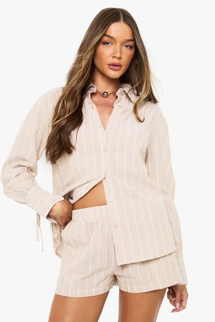 boohoo Dames Gestreept overhemd met manchetten met strik & korte broek set | Steen | Maat: 38