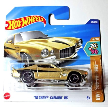 HOT WHEELS '70 CHEVY CAMARO GOLD 53/250 HW '70 VS.'90S 4/10 SHORT CARD