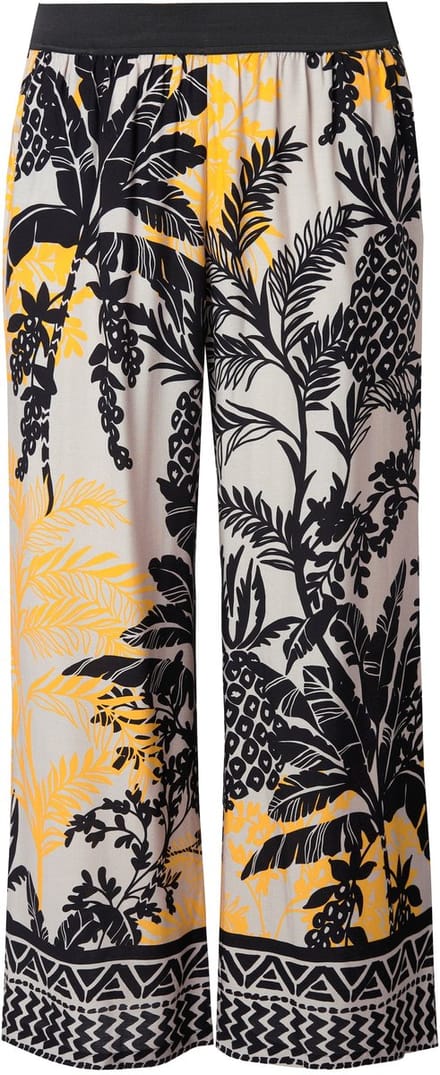 Ulla Popken - Dames - Broek wijde rechte pijp palmen elastische tailleband - Grijsbeige - Maat 54+