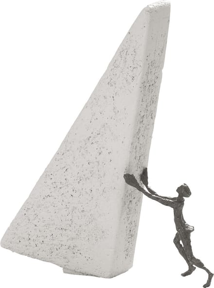 sculptuur het onmogelijke waar maken - Witte steen met ECHT BRONS 25 cm hoog
