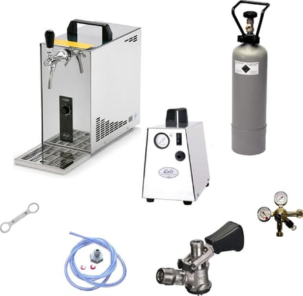 Complete Set - Biertap PYGMY 25, 1-kraans, 35 liter/uur - met Luchtcompressor, Fustkoppeling Type D - Droogkoeler, Thuistap, Bierkoeler