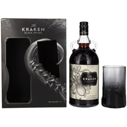The Kraken Black Spiced 40% Vol. 1l in geschenkverpakking met Glas