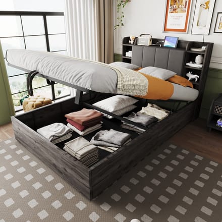 Sweiko Tweepersoonsbed - 140 x 200 cm - Hydraulische opbergruimte - USB / Type-C - Houten bedframe - Grijs